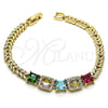 Oro Laminado Fancy Bracelet, Gold Filled Style Leaf and Baguette Design, with Multicolor Cubic Zirconia, Polished, Golden Finish, 03.283.0217.07 (05 MM Thickness, 7 Inches Length)