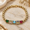 Oro Laminado Fancy Bracelet, Gold Filled Style Baguette Design, with Multicolor Cubic Zirconia, Polished, Golden Finish, 03.283.0218.07 (05 MM Thickness, 7 Inches Length)