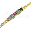 Oro Laminado Fancy Bracelet, Gold Filled Style Heart Design, with Multicolor Cubic Zirconia, Polished, Golden Finish, 03.283.0219.07 (06 MM Thickness, 7 Inches Length)
