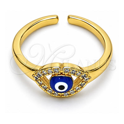 Oro Laminado Multi Stone Ring, Gold Filled Style Evil Eye Design, with White Micro Pave, Blue Enamel Finish, Golden Finish, 01.310.0015 (One size fits all)