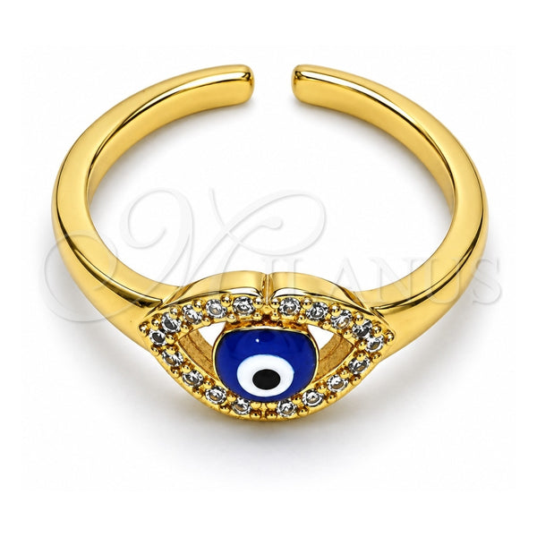 Oro Laminado Multi Stone Ring, Gold Filled Style Evil Eye Design, with White Micro Pave, Blue Enamel Finish, Golden Finish, 01.310.0015 (One size fits all)