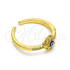 Oro Laminado Multi Stone Ring, Gold Filled Style Evil Eye and Flower Design, with White Micro Pave, Blue Enamel Finish, Golden Finish, 01.310.0016 (One size fits all)