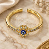 Oro Laminado Multi Stone Ring, Gold Filled Style Evil Eye and Flower Design, with White Micro Pave, Blue Enamel Finish, Golden Finish, 01.310.0016 (One size fits all)