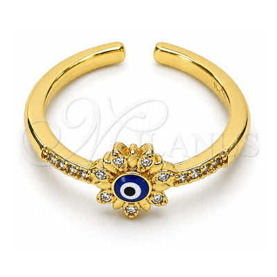 Oro Laminado Multi Stone Ring, Gold Filled Style Evil Eye and Flower Design, with White Micro Pave, Blue Enamel Finish, Golden Finish, 01.310.0016 (One size fits all)