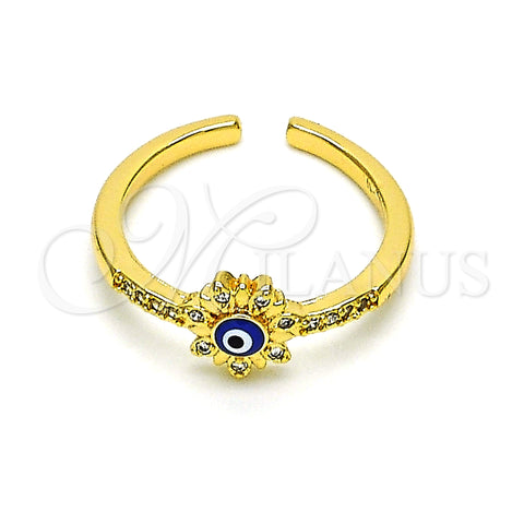 Oro Laminado Multi Stone Ring, Gold Filled Style Evil Eye and Flower Design, with White Micro Pave, Blue Enamel Finish, Golden Finish, 01.310.0016 (One size fits all)