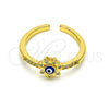 Oro Laminado Multi Stone Ring, Gold Filled Style Evil Eye and Flower Design, with White Micro Pave, Blue Enamel Finish, Golden Finish, 01.310.0016 (One size fits all)