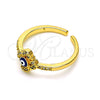 Oro Laminado Multi Stone Ring, Gold Filled Style Evil Eye and Flower Design, with White Micro Pave, Blue Enamel Finish, Golden Finish, 01.310.0017 (One size fits all)