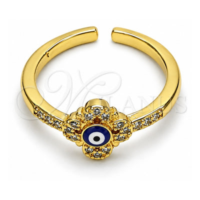 Oro Laminado Multi Stone Ring, Gold Filled Style Evil Eye and Flower Design, with White Micro Pave, Blue Enamel Finish, Golden Finish, 01.310.0017 (One size fits all)