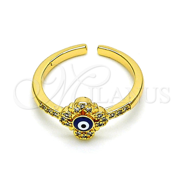 Oro Laminado Multi Stone Ring, Gold Filled Style Evil Eye and Flower Design, with White Micro Pave, Blue Enamel Finish, Golden Finish, 01.310.0017 (One size fits all)