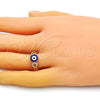 Oro Laminado Multi Stone Ring, Gold Filled Style Evil Eye and Heart Design, with White Micro Pave, Blue Enamel Finish, Golden Finish, 01.310.0034 (One size fits all)