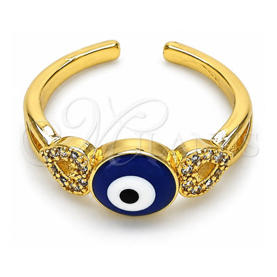 Oro Laminado Multi Stone Ring, Gold Filled Style Evil Eye and Heart Design, with White Micro Pave, Blue Enamel Finish, Golden Finish, 01.310.0034 (One size fits all)