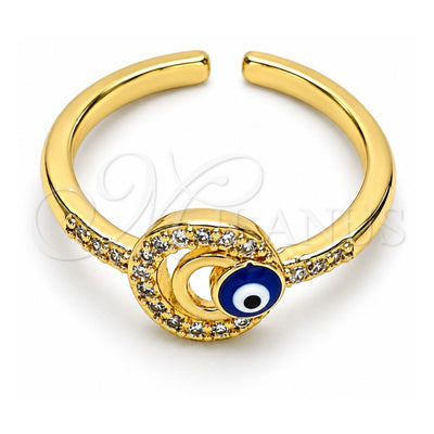 Oro Laminado Multi Stone Ring, Gold Filled Style Evil Eye Design, with White Micro Pave, Blue Enamel Finish, Golden Finish, 01.310.0035 (One size fits all)