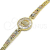 Oro Laminado Fancy Bracelet, Gold Filled Style Guadalupe and Elephant Design, with White and Black Cubic Zirconia, Polished, Tricolor, 03.380.0102.1.07 (05 MM Thickness, 7 Inches Length)