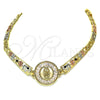 Oro Laminado Fancy Bracelet, Gold Filled Style Guadalupe and Elephant Design, with White and Black Cubic Zirconia, Polished, Tricolor, 03.380.0102.1.07 (05 MM Thickness, 7 Inches Length)