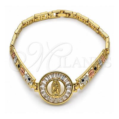 Oro Laminado Fancy Bracelet, Gold Filled Style Guadalupe and Elephant Design, with White and Black Cubic Zirconia, Polished, Tricolor, 03.380.0102.1.07 (05 MM Thickness, 7 Inches Length)