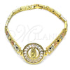 Oro Laminado Fancy Bracelet, Gold Filled Style Guadalupe and Elephant Design, with White and Black Cubic Zirconia, Polished, Tricolor, 03.380.0102.1.07 (05 MM Thickness, 7 Inches Length)
