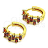 Oro Laminado Huggie Hoop, Gold Filled Style Baguette Design, with Garnet Cubic Zirconia, Polished, Golden Finish, 02.210.0080.3.15