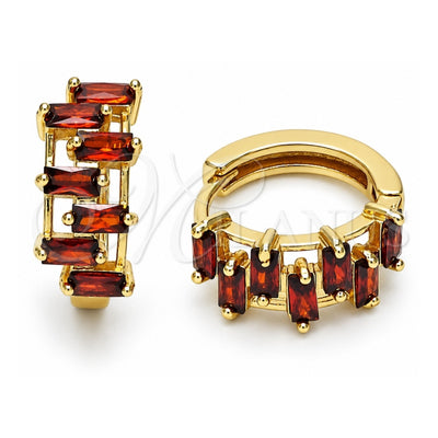Oro Laminado Huggie Hoop, Gold Filled Style Baguette Design, with Garnet Cubic Zirconia, Polished, Golden Finish, 02.210.0080.3.15