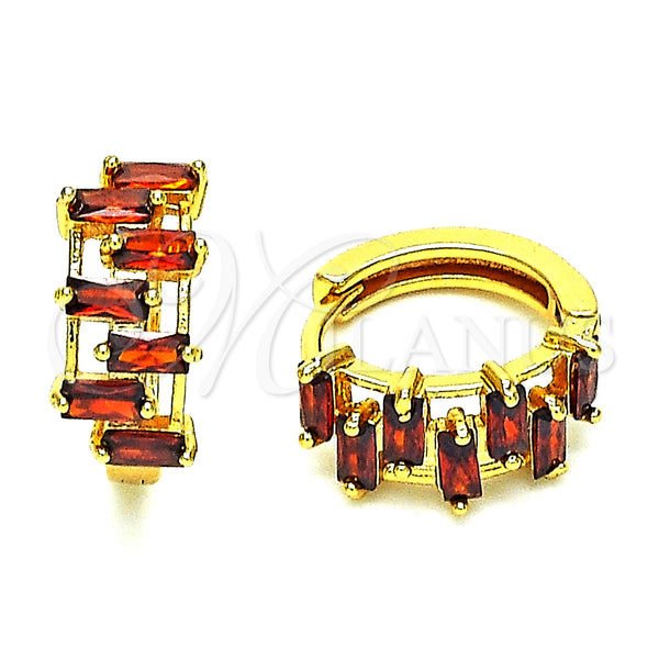 Gold Filled Hoop Earrings — Huggie Hoop Baguette Design with Garnet Cubic Zirconia — main product view — SKU 148913 | Oro Laminado aretes de aro — Huggie Hoop Baguette diseño with Garnet Cubic Zirconia — SKU 148913