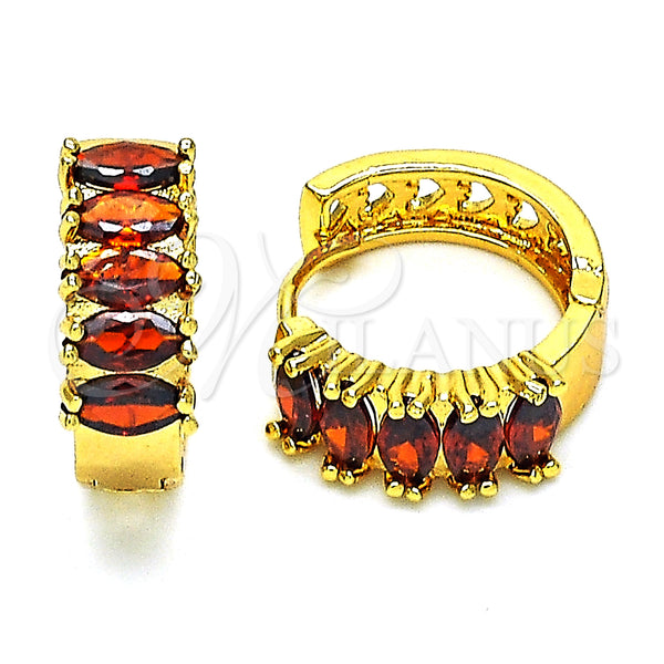 Gold Filled Hoop Earrings — Huggie Hoop with Garnet Cubic Zirconia Polished 02. — main product view — SKU 148915 | Oro Laminado aretes de aro — Huggie Hoop with Garnet Cubic Zirconia pulido 02. — SKU 148915