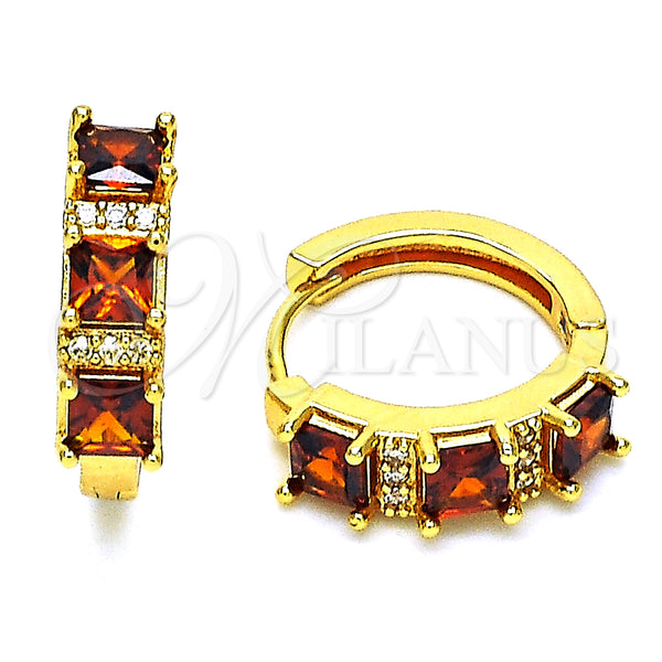 Gold Filled Hoop Earrings — Huggie Hoop with Garnet and White Cubic Zirconia — main product view — SKU 148923 | Oro Laminado aretes de aro — Huggie Hoop with Garnet and blanco Cubic Zirconia — SKU 148923