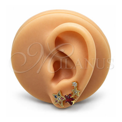 Oro Laminado Earcuff, Gold Filled Style Star Design, with Multicolor Micro Pave and Garnet Cubic Zirconia, Polished, Golden Finish, 02.210.0727.1
