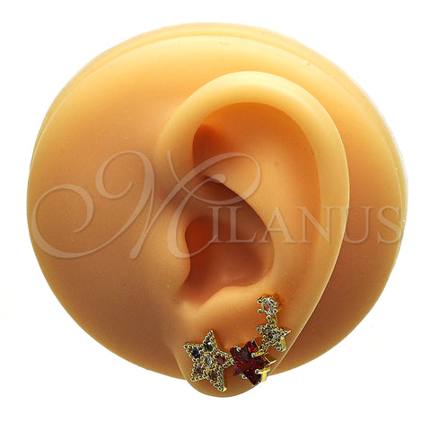 Oro Laminado Earcuff, Gold Filled Style Star Design, with Multicolor Micro Pave and Garnet Cubic Zirconia, Polished, Golden Finish, 02.210.0727.1