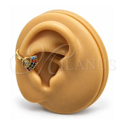 Oro Laminado Earcuff, Gold Filled Style Evil Eye Design, with Multicolor Micro Pave, Polished, Golden Finish, 02.210.0728.1