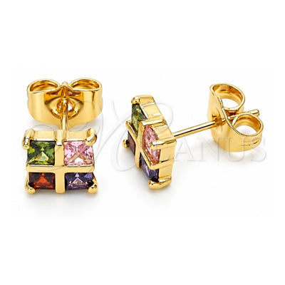 Oro Laminado Stud Earring, Gold Filled Style with Multicolor Cubic Zirconia, Polished, Golden Finish, 02.387.0097.1