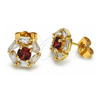 Oro Laminado Stud Earring, Gold Filled Style with Garnet and White Cubic Zirconia, Polished, Golden Finish, 02.387.0017.2
