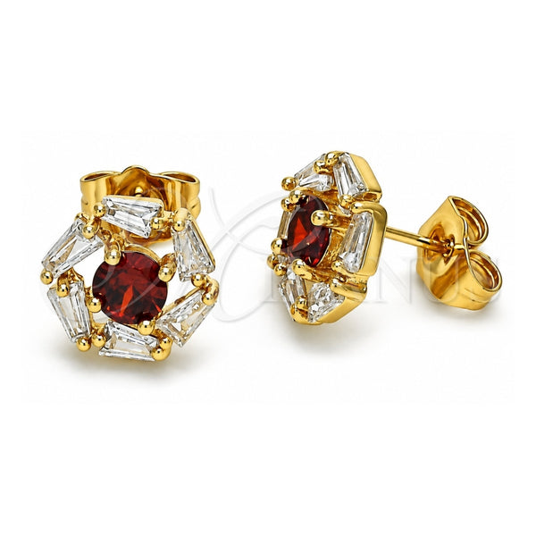 Oro Laminado Stud Earring, Gold Filled Style with Garnet and White Cubic Zirconia, Polished, Golden Finish, 02.387.0017.2
