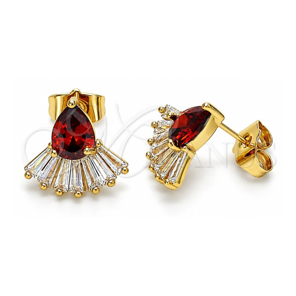 Oro Laminado Stud Earring, Gold Filled Style Teardrop and Baguette Design, with Garnet and White Cubic Zirconia, Polished, Golden Finish, 02.387.0103.2