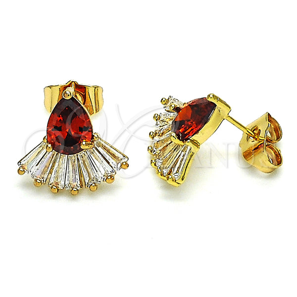 Oro Laminado Stud Earring, Gold Filled Style Teardrop and Baguette Design, with Garnet and White Cubic Zirconia, Polished, Golden Finish, 02.387.0103.2