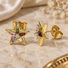 Oro Laminado Stud Earring, Gold Filled Style Star and Baguette Design, with Multicolor Cubic Zirconia, Polished, Golden Finish, 02.387.0106