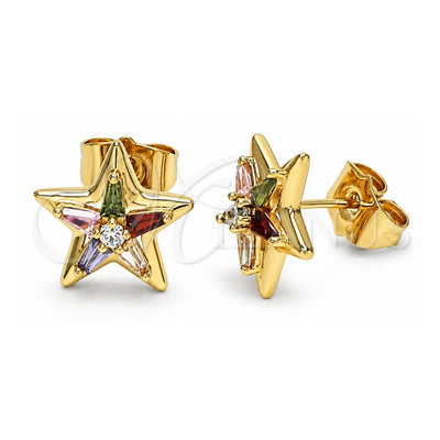 Oro Laminado Stud Earring, Gold Filled Style Star and Baguette Design, with Multicolor Cubic Zirconia, Polished, Golden Finish, 02.387.0106