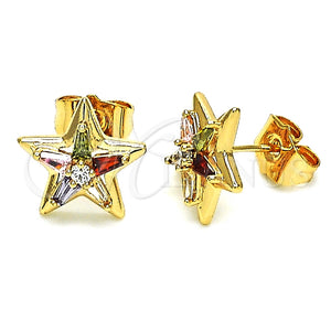 Oro Laminado Stud Earring, Gold Filled Style Star and Baguette Design, with Multicolor Cubic Zirconia, Polished, Golden Finish, 02.387.0106
