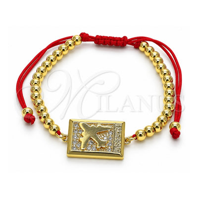 Oro Laminado Adjustable Bolo Bracelet, Gold Filled Style Airplane and Ball Design, with White Micro Pave, Polished, Golden Finish, 03.193.0008.11 (04 MM Thickness, 11 Inches Length)