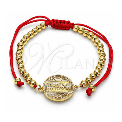 Oro Laminado Adjustable Bolo Bracelet, Gold Filled Style Love and Heart Design, with White Micro Pave, Polished, Golden Finish, 03.193.0010.11 (04 MM Thickness, 11 Inches Length)