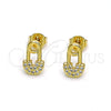 Oro Laminado Stud Earring, Gold Filled Style Paperclip Design, with White Micro Pave, Polished, Golden Finish, 02.102.0066