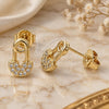 Oro Laminado Stud Earring, Gold Filled Style Paperclip Design, with White Micro Pave, Polished, Golden Finish, 02.102.0066