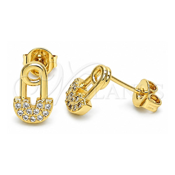 Oro Laminado Stud Earring, Gold Filled Style Paperclip Design, with White Micro Pave, Polished, Golden Finish, 02.102.0066