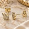 Oro Laminado Stud Earring, Gold Filled Style Butterfly Design, with White Micro Pave, Polished, Golden Finish, 02.102.0067