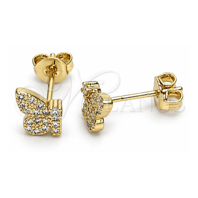 Oro Laminado Stud Earring, Gold Filled Style Butterfly Design, with White Micro Pave, Polished, Golden Finish, 02.102.0067