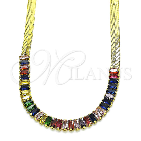 Oro Laminado Fancy Necklace, Gold Filled Style Baguette Design, with Multicolor Cubic Zirconia, Polished, Golden Finish, 04.341.0097.3.16 (05 MM Thickness, 16 Inches Length)
