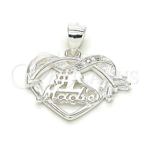 Sterling Silver Fancy Pendant, Heart Design, with White Cubic Zirconia, Polished, Raw, 05.398.0008