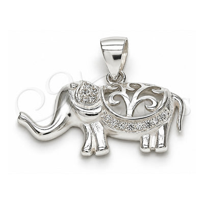 Sterling Silver Fancy Pendant, Elephant Design, with White Micro Pave, Polished, Raw, 05.398.0011