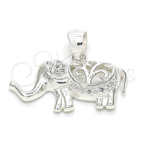 Sterling Silver Fancy Pendant, Elephant Design, with White Micro Pave, Polished, Raw, 05.398.0011