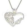 Sterling Silver Fancy Pendant, Heart and Mom Design, with White Cubic Zirconia, Polished, Raw, 05.398.0016