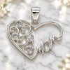 Sterling Silver Fancy Pendant, Heart and Mom Design, with White Cubic Zirconia, Polished, Raw, 05.398.0016