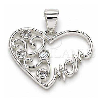 Sterling Silver Fancy Pendant, Heart and Mom Design, with White Cubic Zirconia, Polished, Raw, 05.398.0016